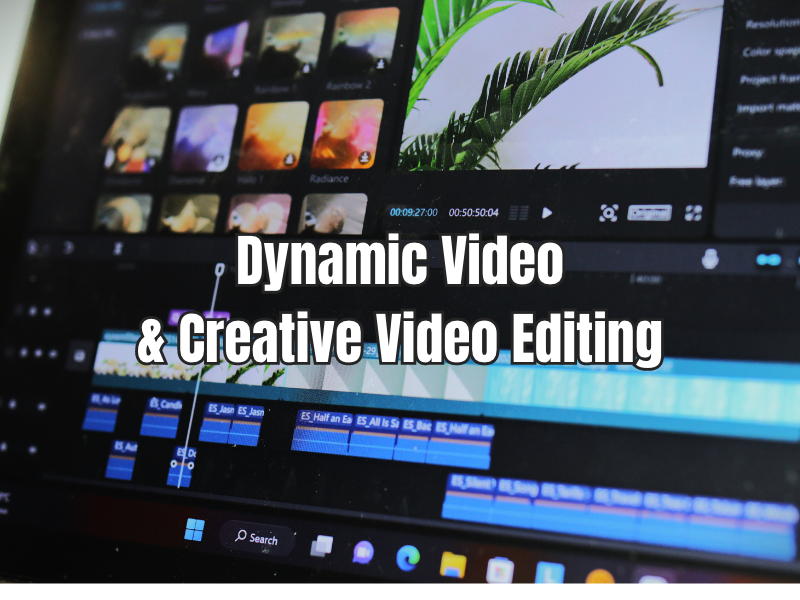 A close up shot of an iMac screen with video editing software, captioned "Dynamic & Creative Video Editing"