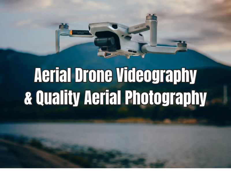 A shot of a mini drone flying over a beautiful river landscape with a caption that reads "Aerial Drone Videography & Quality Aerial Photography"